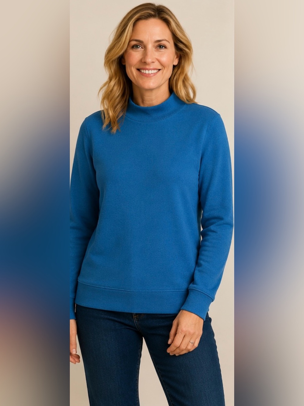 LANDSEND Womenβs Cozy Mock Turtleneck Sweatshirt Blue Long Sleeve